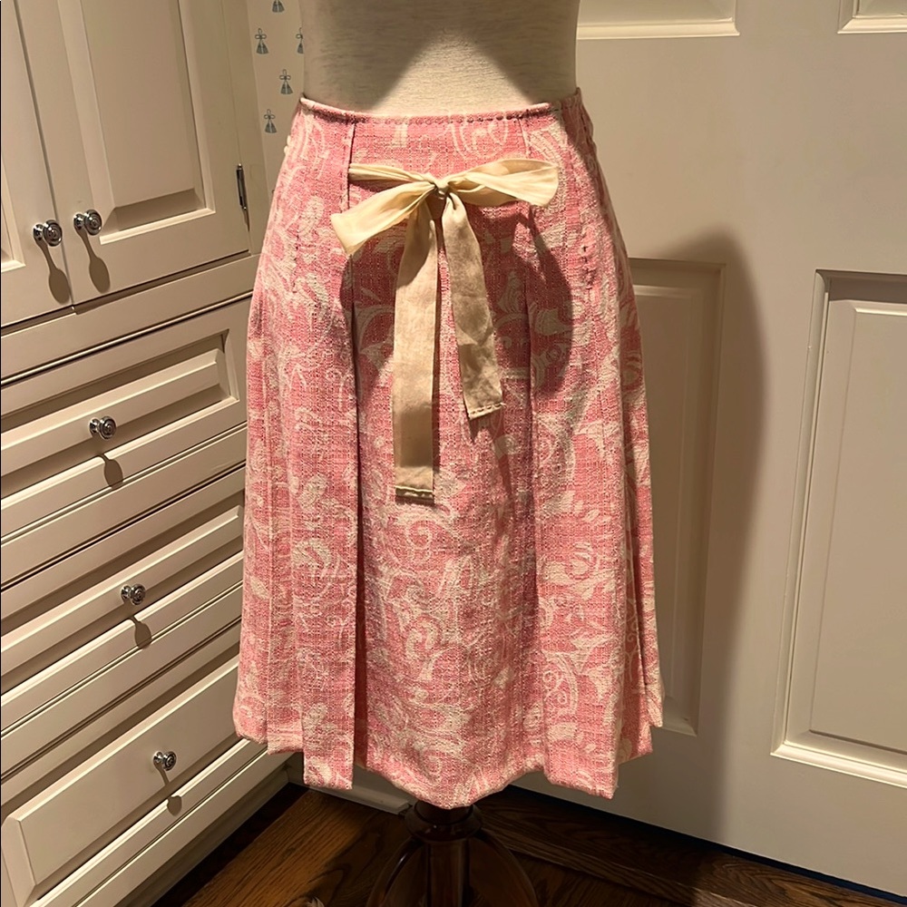 ELIE TAHARI PINK AND LIGHT BEIGE A-LINE SKIRT WITH TWILL TAPE BELT